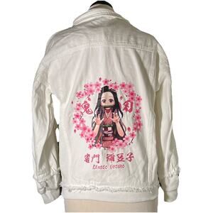 Women's Custom Kamado Nezuko White Distressed Denim Jacket 6/S